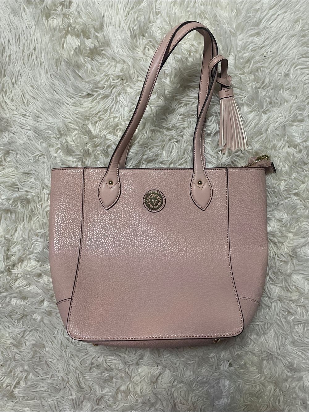 Anne Klein Light Pink Pebble Leather Tote with Tassel Accent